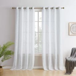 HLC.ME Sheer Curtains Madison Faux Linen Sheer Grommet Panels - White - Set Of 2