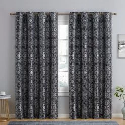 HLC.ME Blackout Curtains Mia Moroccan Tile 100% Complete Blackout Grommet Curtains - Black - Set Of 2
