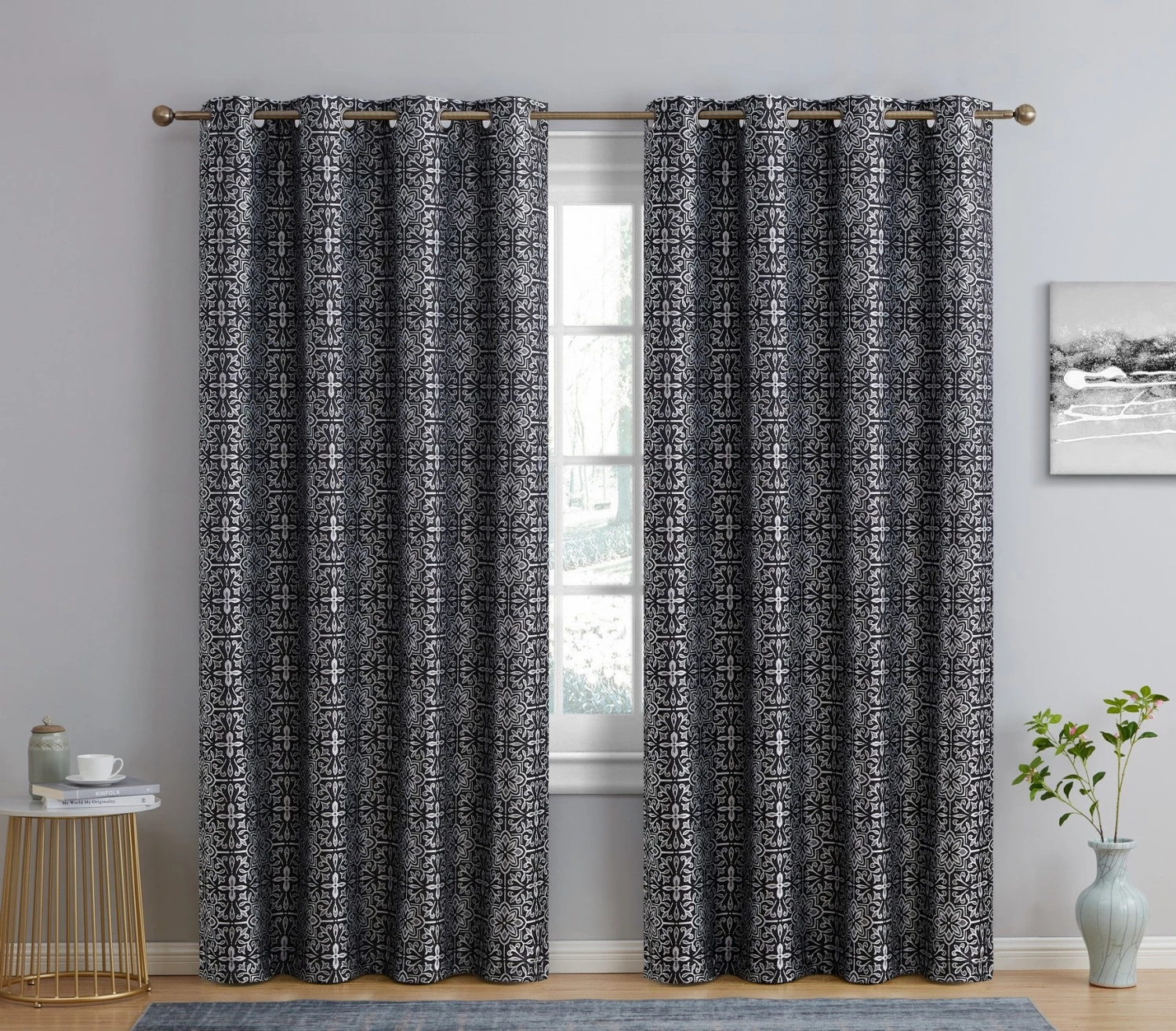 HLC.ME Blackout Curtains Mia Moroccan Tile 100% Complete Blackout Grommet Curtains - Black - Set Of 2 3 HLC.ME Blackout Curtains Mia Moroccan Tile 100% Complete Blackout Grommet Curtains - Black - Set Of 2