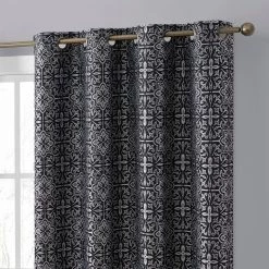 HLC.ME Blackout Curtains Mia Moroccan Tile 100% Complete Blackout Grommet Curtains - Black - Set Of 2