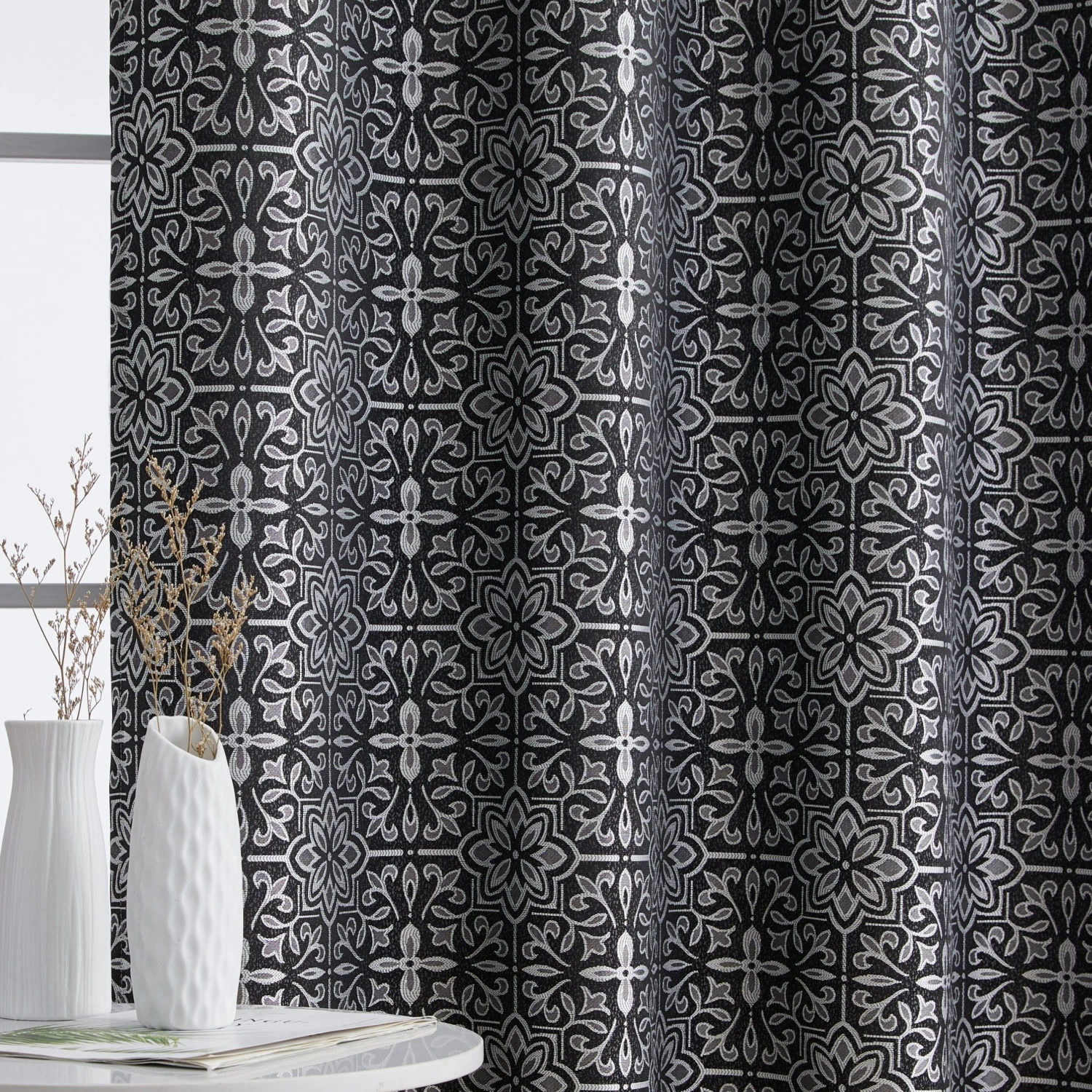 HLC.ME Blackout Curtains Mia Moroccan Tile 100% Complete Blackout Grommet Curtains - Black - Set Of 2 5 HLC.ME Blackout Curtains Mia Moroccan Tile 100% Complete Blackout Grommet Curtains - Black - Set Of 2