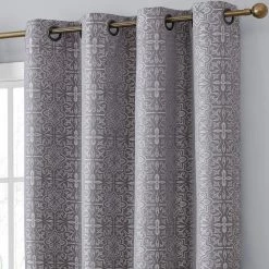 HLC.ME Mia Moroccan Tile 100% Complete Blackout Grommet Curtains - Grey - Set Of 2 Blackout Curtains