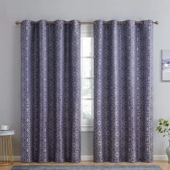 HLC.ME Mia Moroccan Tile 100% Complete Blackout Grommet Curtains - Navy Blue - Set Of 2