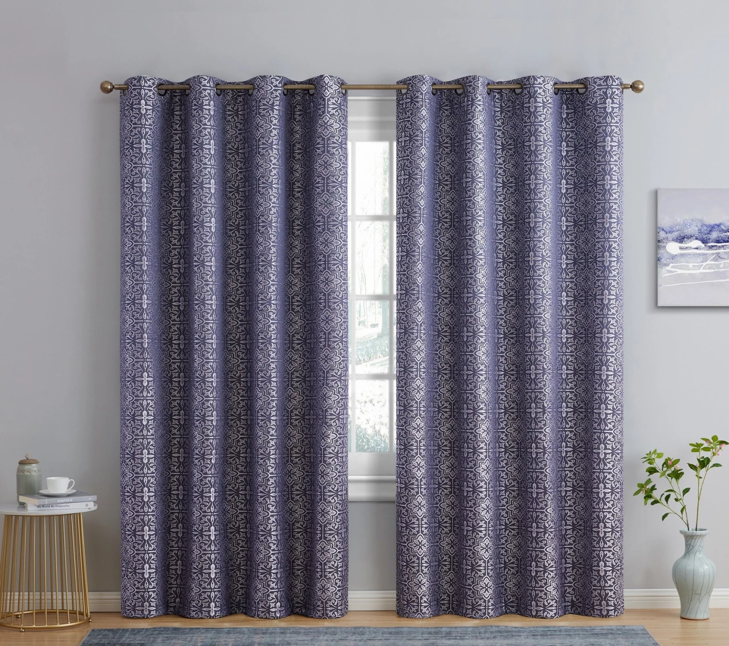 HLC.ME Mia Moroccan Tile 100% Complete Blackout Grommet Curtains - Navy Blue - Set Of 2 3 HLC.ME Mia Moroccan Tile 100% Complete Blackout Grommet Curtains - Navy Blue - Set Of 2