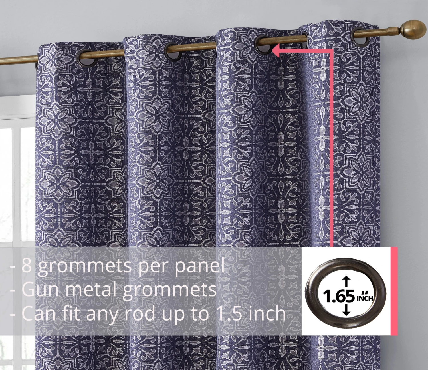 HLC.ME Mia Moroccan Tile 100% Complete Blackout Grommet Curtains - Navy Blue - Set Of 2 4 HLC.ME Mia Moroccan Tile 100% Complete Blackout Grommet Curtains - Navy Blue - Set Of 2