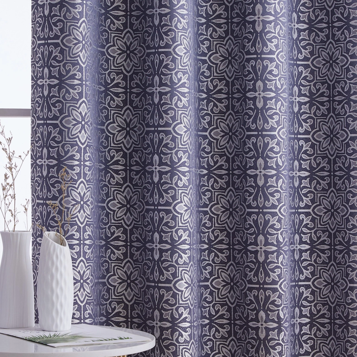 HLC.ME Mia Moroccan Tile 100% Complete Blackout Grommet Curtains - Navy Blue - Set Of 2 5 HLC.ME Mia Moroccan Tile 100% Complete Blackout Grommet Curtains - Navy Blue - Set Of 2