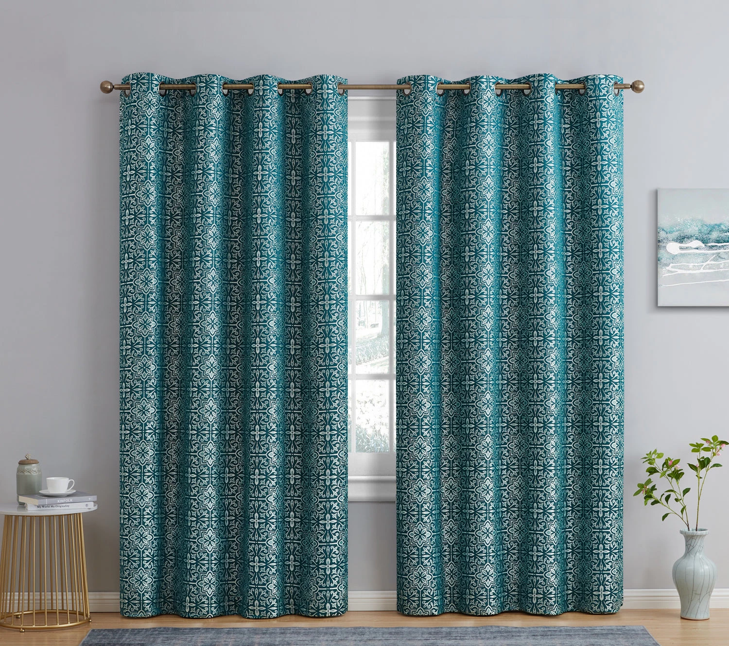 HLC.ME Mia Moroccan Tile 100% Complete Blackout Grommet Curtains - Teal Blue - Set Of 2 4 HLC.ME Mia Moroccan Tile 100% Complete Blackout Grommet Curtains - Teal Blue - Set Of 2