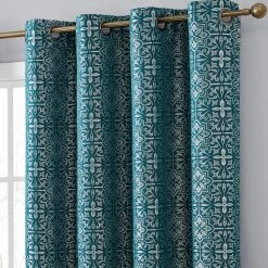 HLC.ME Mia Moroccan Tile 100% Complete Blackout Grommet Curtains - Teal Blue - Set Of 2