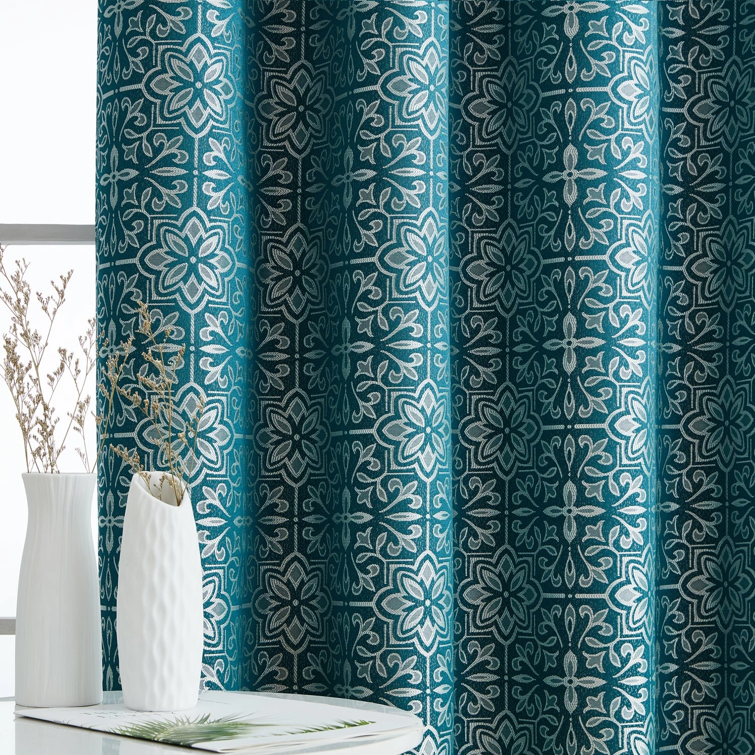HLC.ME Mia Moroccan Tile 100% Complete Blackout Grommet Curtains - Teal Blue - Set Of 2 6 HLC.ME Mia Moroccan Tile 100% Complete Blackout Grommet Curtains - Teal Blue - Set Of 2