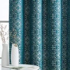 HLC.ME Mia Moroccan Tile 100% Blackout Grommet Patio Door Panel - Teal Blue Faux Linen Curtains