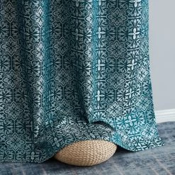 HLC.ME Mia Moroccan Tile 100% Blackout Grommet Patio Door Panel - Teal Blue Faux Linen Curtains