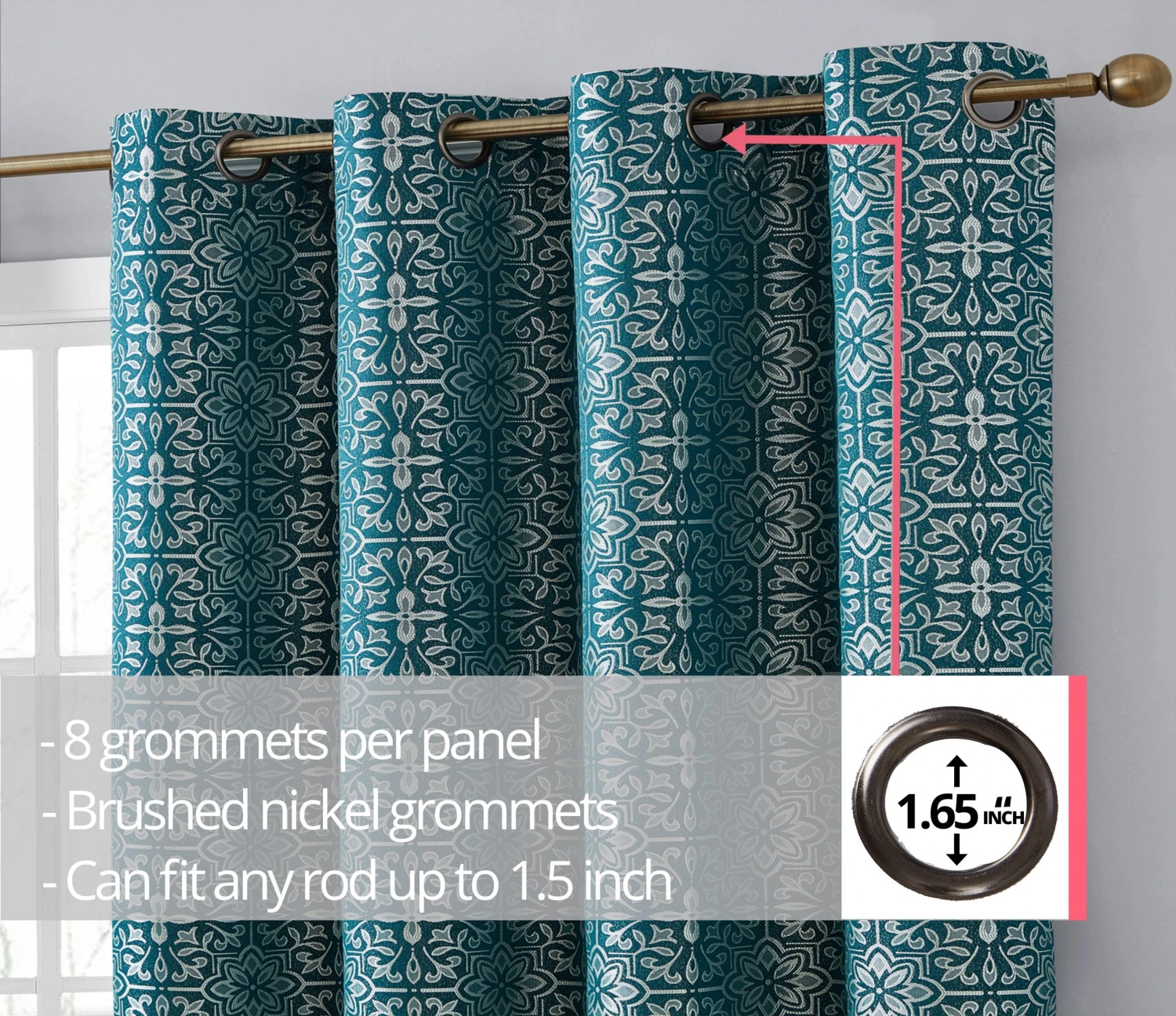 HLC.ME Mia Moroccan Tile 100% Complete Blackout Grommet Curtains - Teal Blue - Set Of 2 5 HLC.ME Mia Moroccan Tile 100% Complete Blackout Grommet Curtains - Teal Blue - Set Of 2