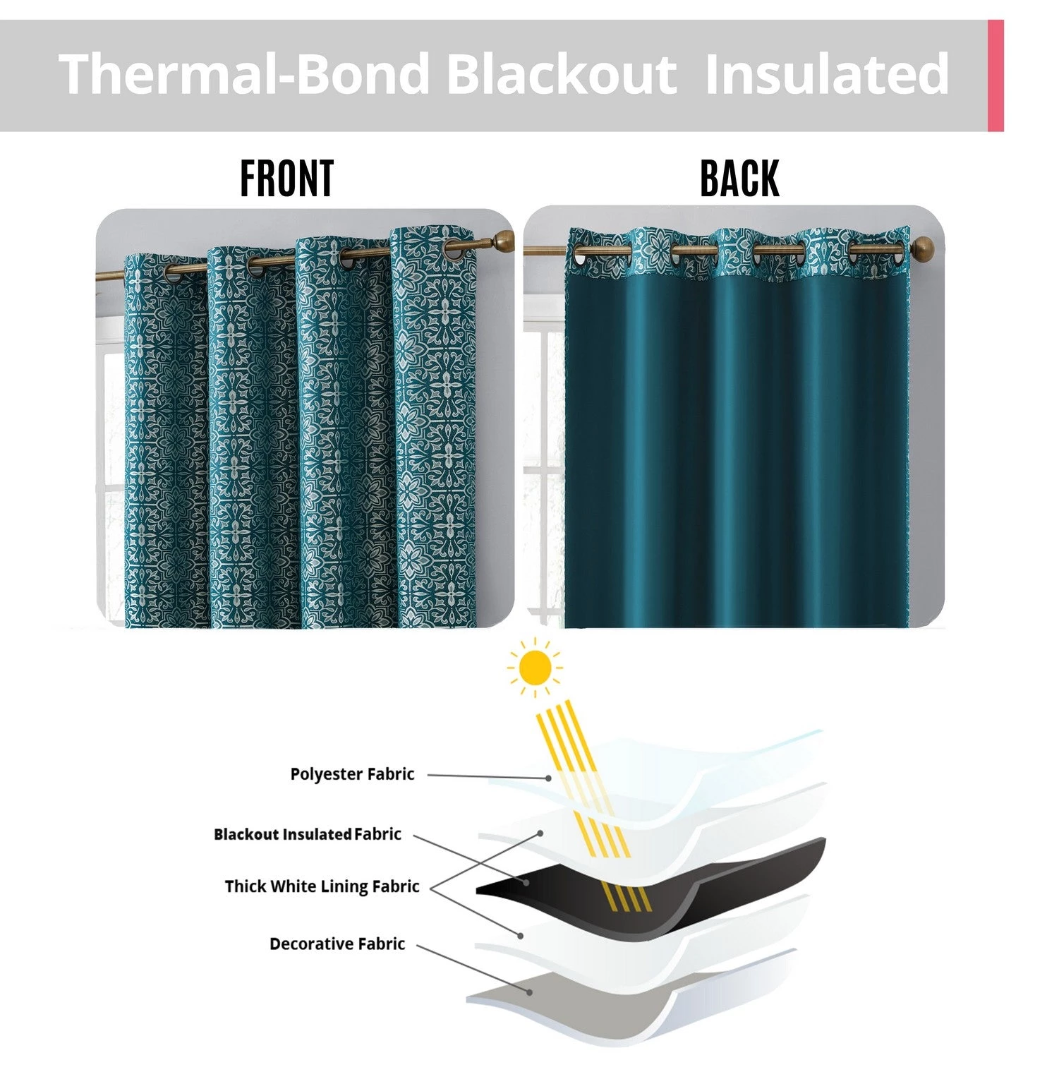 HLC.ME Mia Moroccan Tile 100% Complete Blackout Grommet Curtains - Teal Blue - Set Of 2 9 HLC.ME Mia Moroccan Tile 100% Complete Blackout Grommet Curtains - Teal Blue - Set Of 2