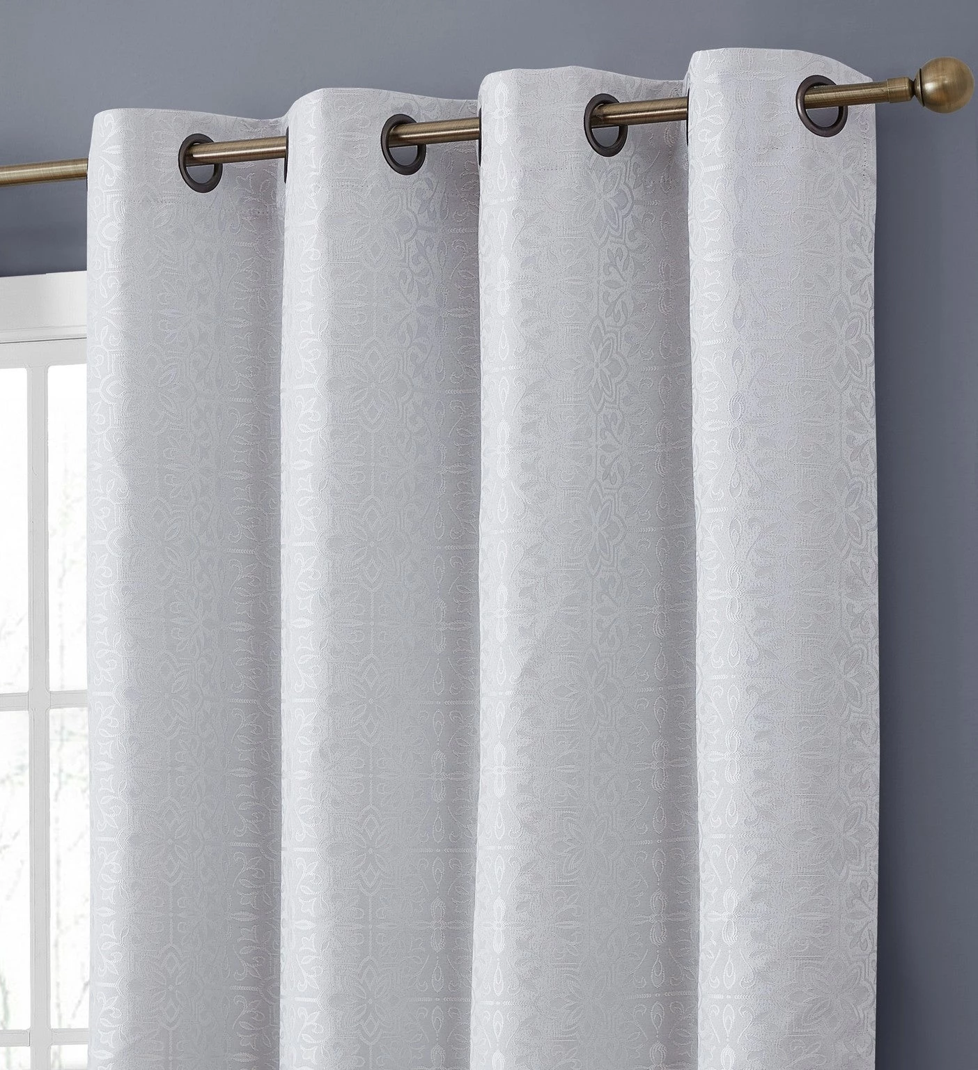 HLC.ME Mia Moroccan Tile 100% Complete Blackout Grommet Curtains - White - Set Of 2 3 HLC.ME Mia Moroccan Tile 100% Complete Blackout Grommet Curtains - White - Set Of 2
