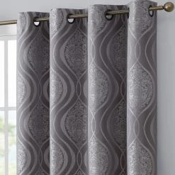 HLC.ME Blackout Curtains Montero Damask 100% Blackout Grommet Curtain Panels - Grey - Set Of 2