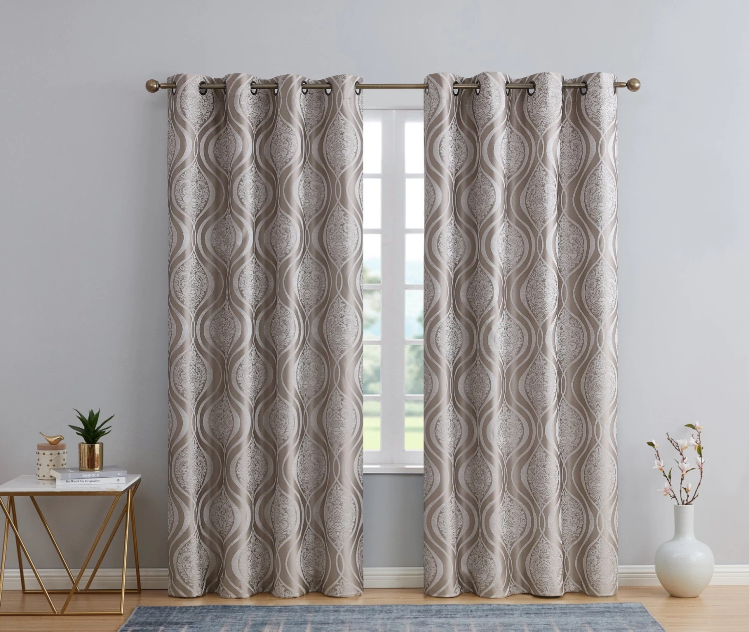HLC.ME Montero Damask 100% Blackout Grommet Curtain Panels - Taupe - Set Of 2 3 HLC.ME Montero Damask 100% Blackout Grommet Curtain Panels - Taupe - Set Of 2