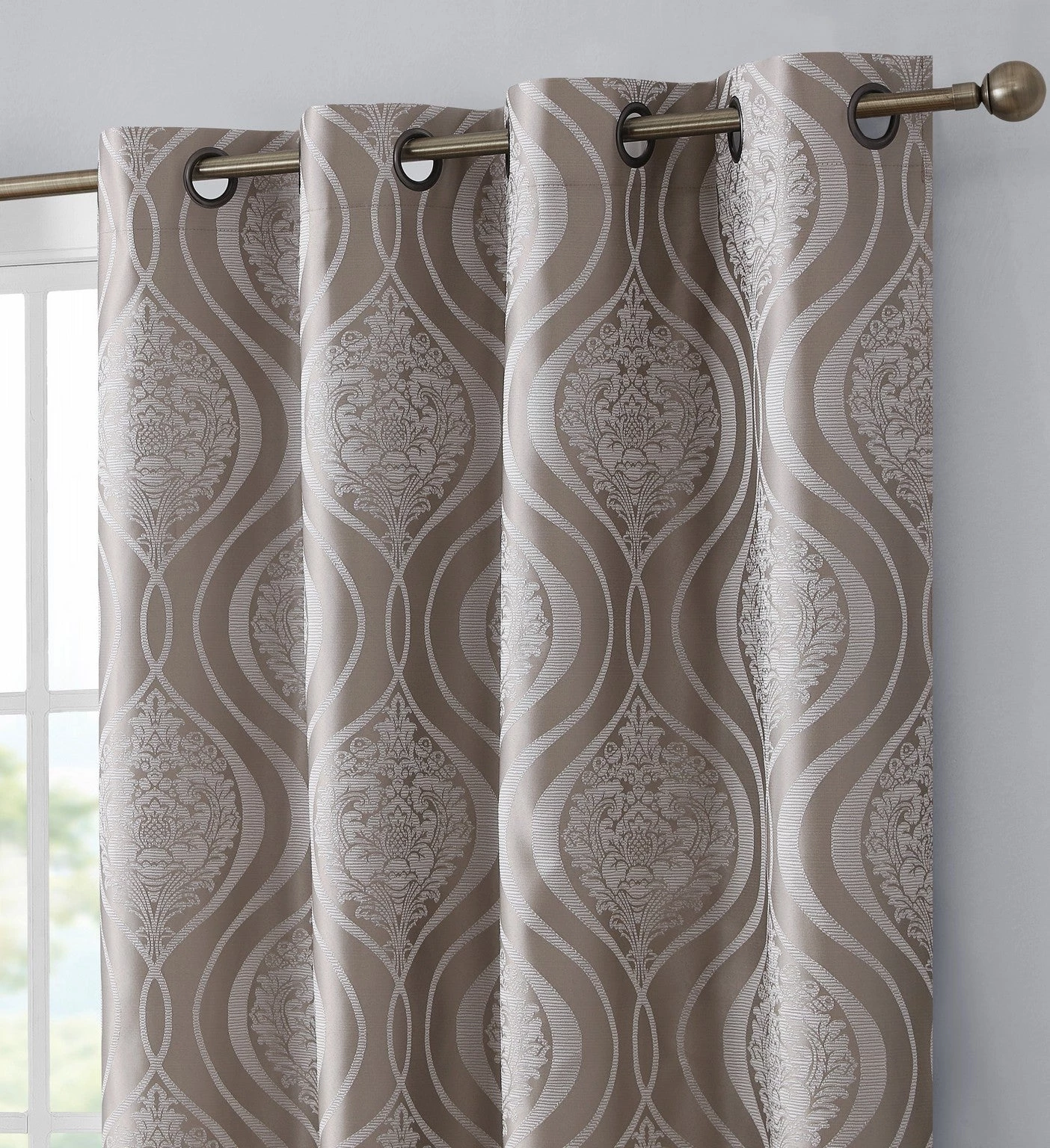 HLC.ME Montero Damask 100% Blackout Grommet Curtain Panels - Taupe - Set Of 2 4 HLC.ME Montero Damask 100% Blackout Grommet Curtain Panels - Taupe - Set Of 2