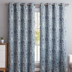 HLC.ME Paris Paisley Blackout Grommet Curtain Panels - Blue - Set Of 2
