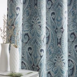 HLC.ME Paris Paisley Damask Blackout Grommet Valance - Blue Faux Linen Curtains