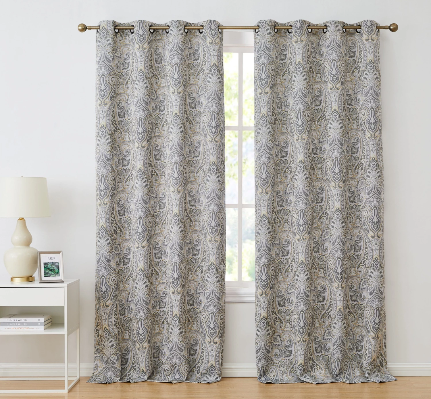 HLC.ME Blackout Curtains Paris Paisley Blackout Grommet Curtain Panels - Grey/Yellow - Set Of 2 4 HLC.ME Blackout Curtains Paris Paisley Blackout Grommet Curtain Panels - Grey/Yellow - Set Of 2
