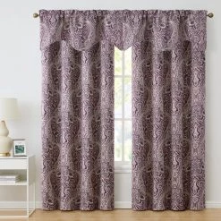 HLC.ME Faux Linen Curtains Paris Paisley Scalloped Valance - Merlot Purple