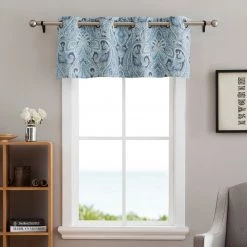 HLC.ME Paris Paisley Damask Blackout Grommet Valance - Blue Faux Linen Curtains