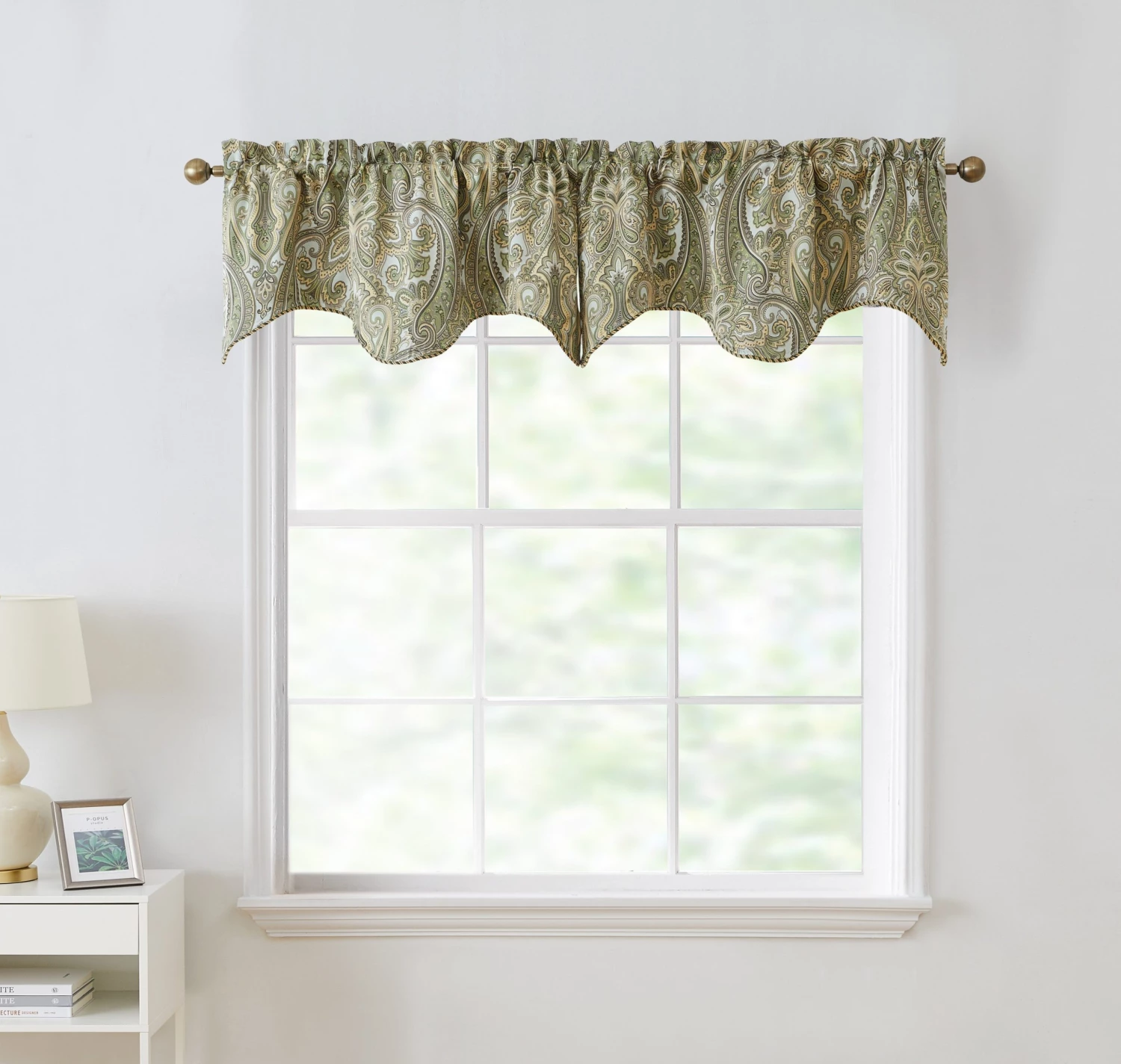HLC.ME Faux Linen Curtains Paris Paisley Scalloped Valance - Sage Green 4 HLC.ME Faux Linen Curtains Paris Paisley Scalloped Valance - Sage Green