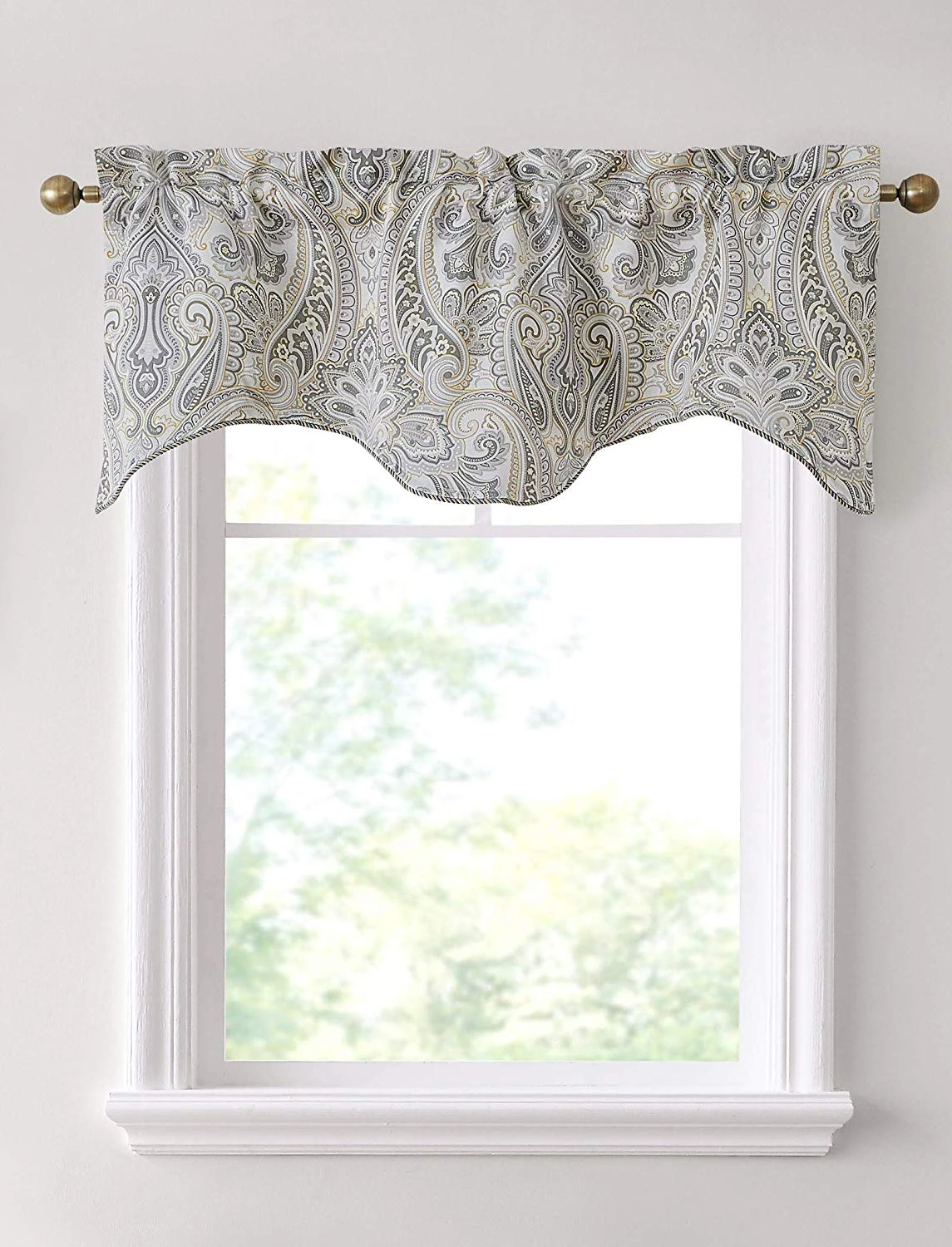 HLC.ME Faux Linen Curtains Paris Paisley Scalloped Valance - Grey/Yellow 3 HLC.ME Faux Linen Curtains Paris Paisley Scalloped Valance - Grey/Yellow