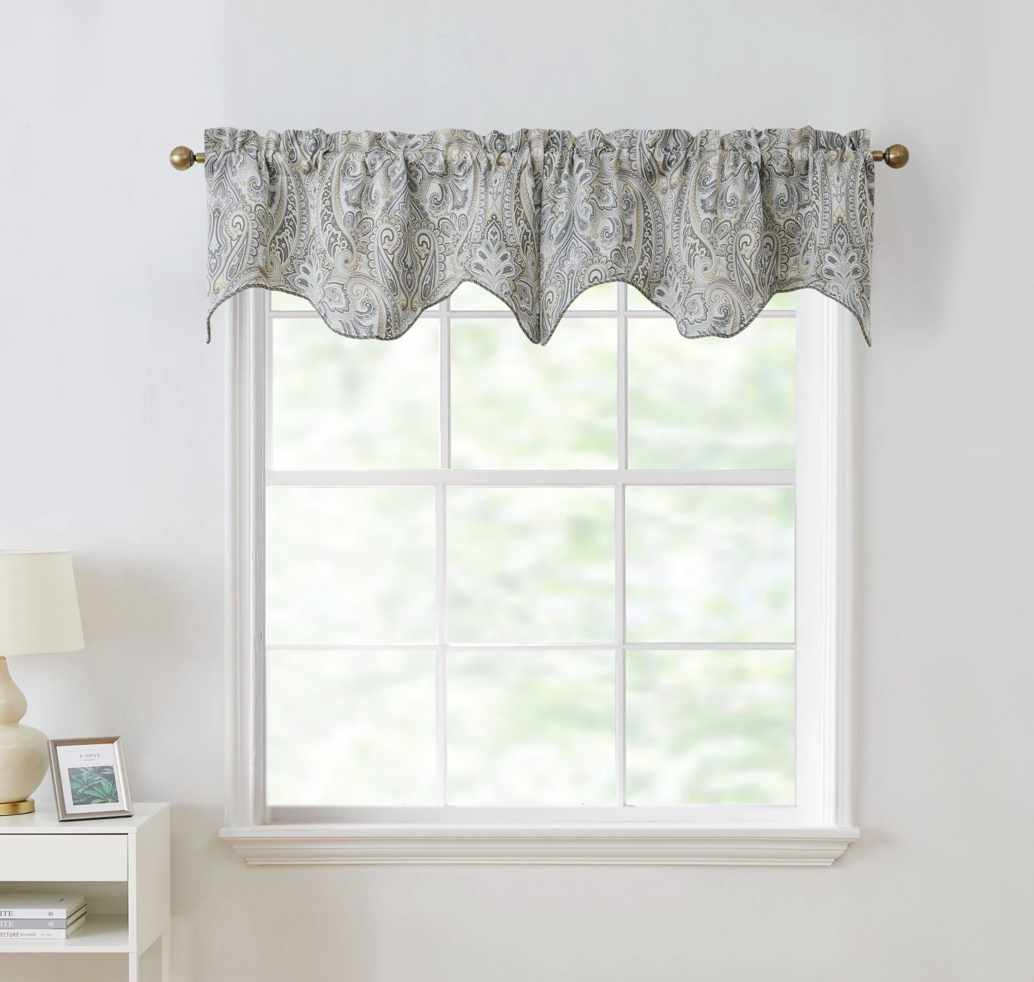 HLC.ME Faux Linen Curtains Paris Paisley Scalloped Valance - Grey/Yellow 4 HLC.ME Faux Linen Curtains Paris Paisley Scalloped Valance - Grey/Yellow