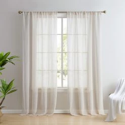 HLC.ME Penelope Faux Linen Sheer Curtain Panels - Beige - Set Of 2