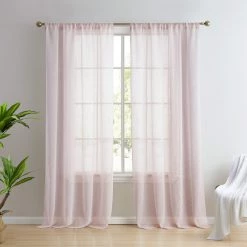 HLC.ME Penelope Faux Linen Sheer Curtain Panels - Blush Pink - Set Of 2
