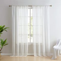 HLC.ME Sheer Curtains Penelope Faux Linen Sheer Curtain Panels - Ivory - Set Of 2
