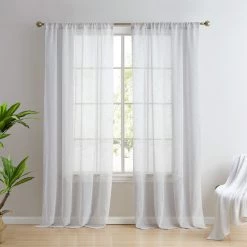 HLC.ME Penelope Faux Linen Sheer Curtain Panels - Light Grey - Set Of 2 Sheer Curtains