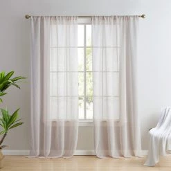 HLC.ME Penelope Faux Linen Sheer Curtain Panels - Cream - Set Of 2