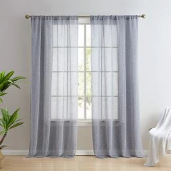 HLC.ME Penelope Faux Linen Sheer Curtain Panels - Navy Blue - Set Of 2 Sheer Curtains