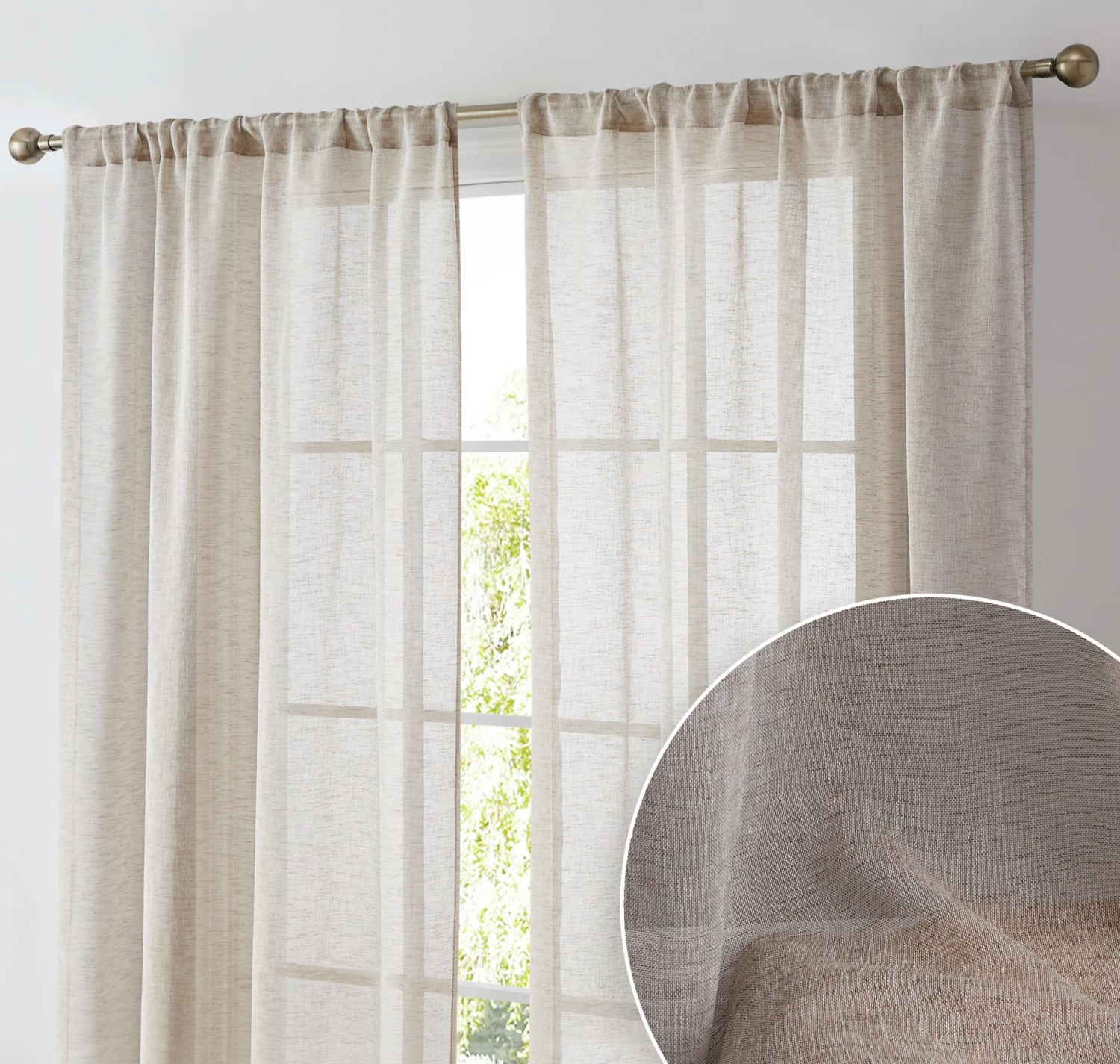 HLC.ME Penelope Faux Linen Sheer Curtain Panels - Taupe - Set Of 2 Sheer Curtains 3 HLC.ME Penelope Faux Linen Sheer Curtain Panels - Taupe - Set Of 2 Sheer Curtains