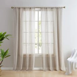 HLC.ME Penelope Faux Linen Sheer Curtain Panels - Taupe - Set Of 2 Sheer Curtains