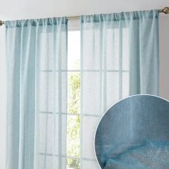 HLC.ME Penelope Faux Linen Sheer Curtain Panels - Teal Blue - Set Of 2
