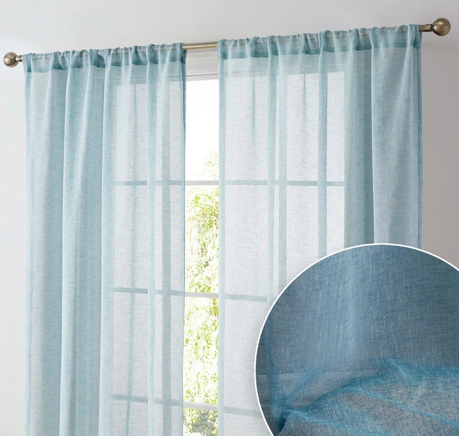 HLC.ME Penelope Faux Linen Sheer Curtain Panels - Teal Blue - Set Of 2 3 HLC.ME Penelope Faux Linen Sheer Curtain Panels - Teal Blue - Set Of 2