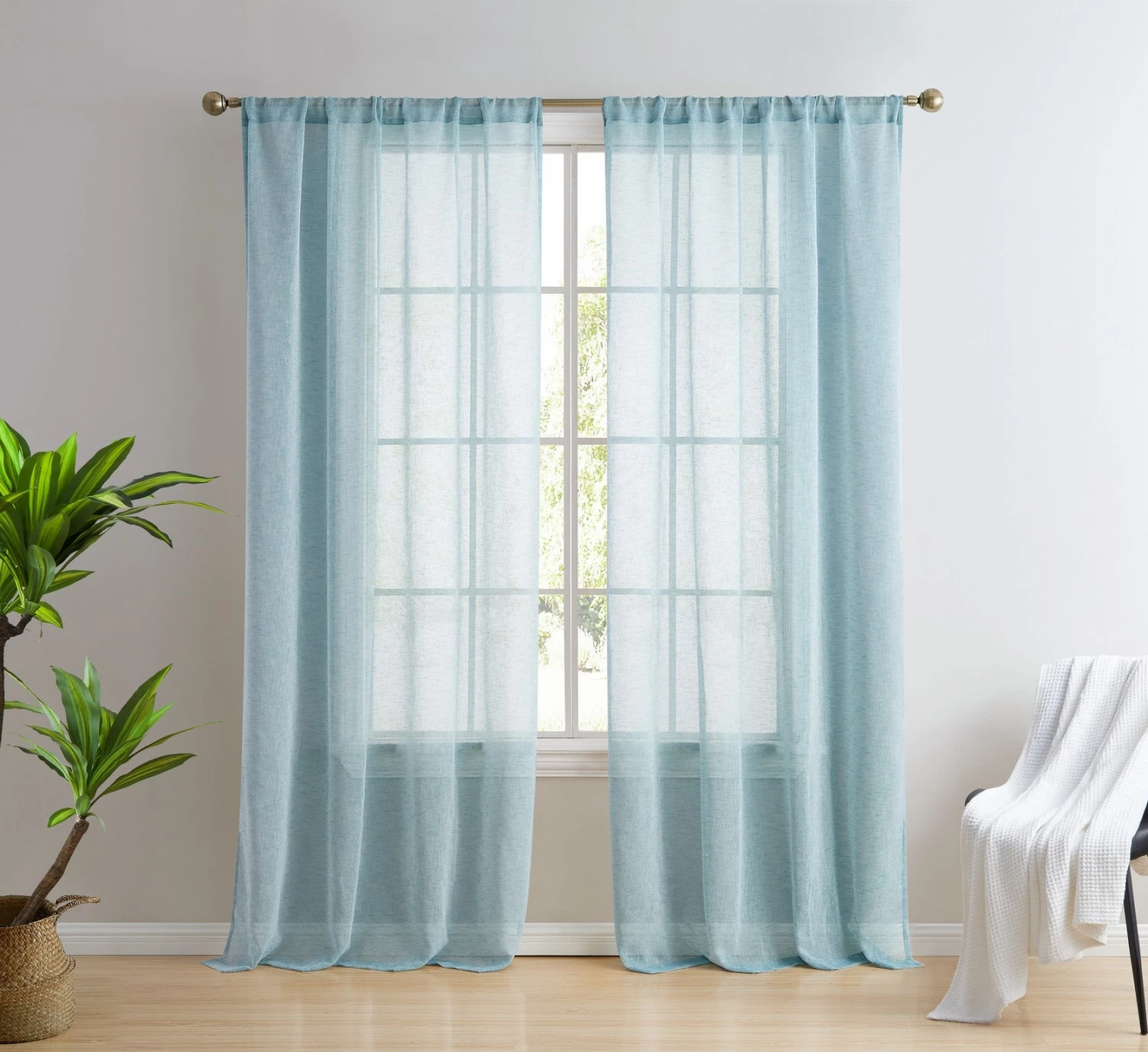 HLC.ME Penelope Faux Linen Sheer Curtain Panels - Teal Blue - Set Of 2 4 HLC.ME Penelope Faux Linen Sheer Curtain Panels - Teal Blue - Set Of 2