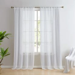 HLC.ME Penelope Faux Linen Sheer Curtain Panels - White - Set Of 2