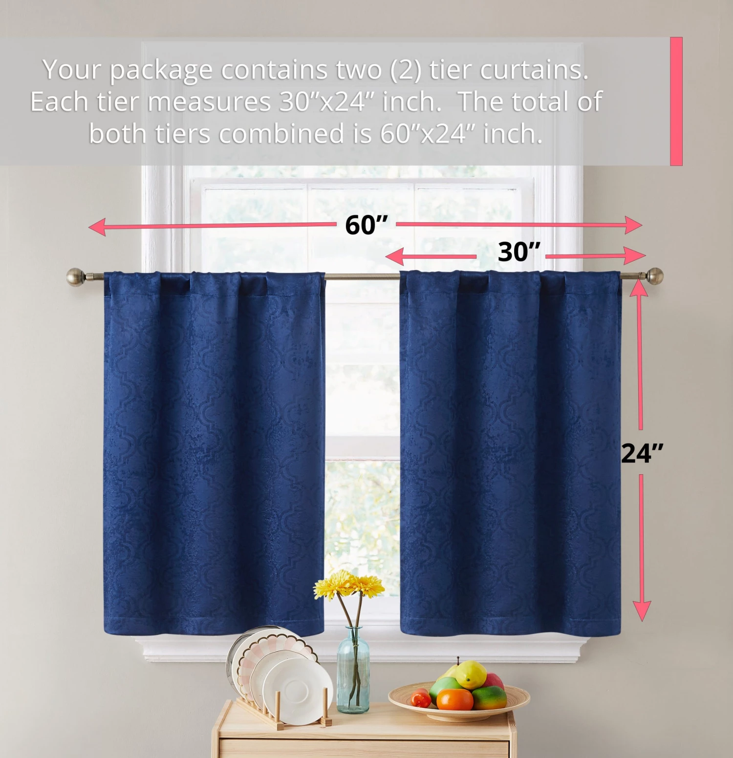 HLC.ME Faux Linen Curtains Redmont Lattice Back Tab Rod Pocket Tiers - Navy Blue - Set Of 2 6 HLC.ME Faux Linen Curtains Redmont Lattice Back Tab Rod Pocket Tiers - Navy Blue - Set Of 2