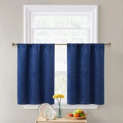 HLC.ME Faux Linen Curtains Redmont Lattice Back Tab Rod Pocket Tiers - Navy Blue - Set Of 2