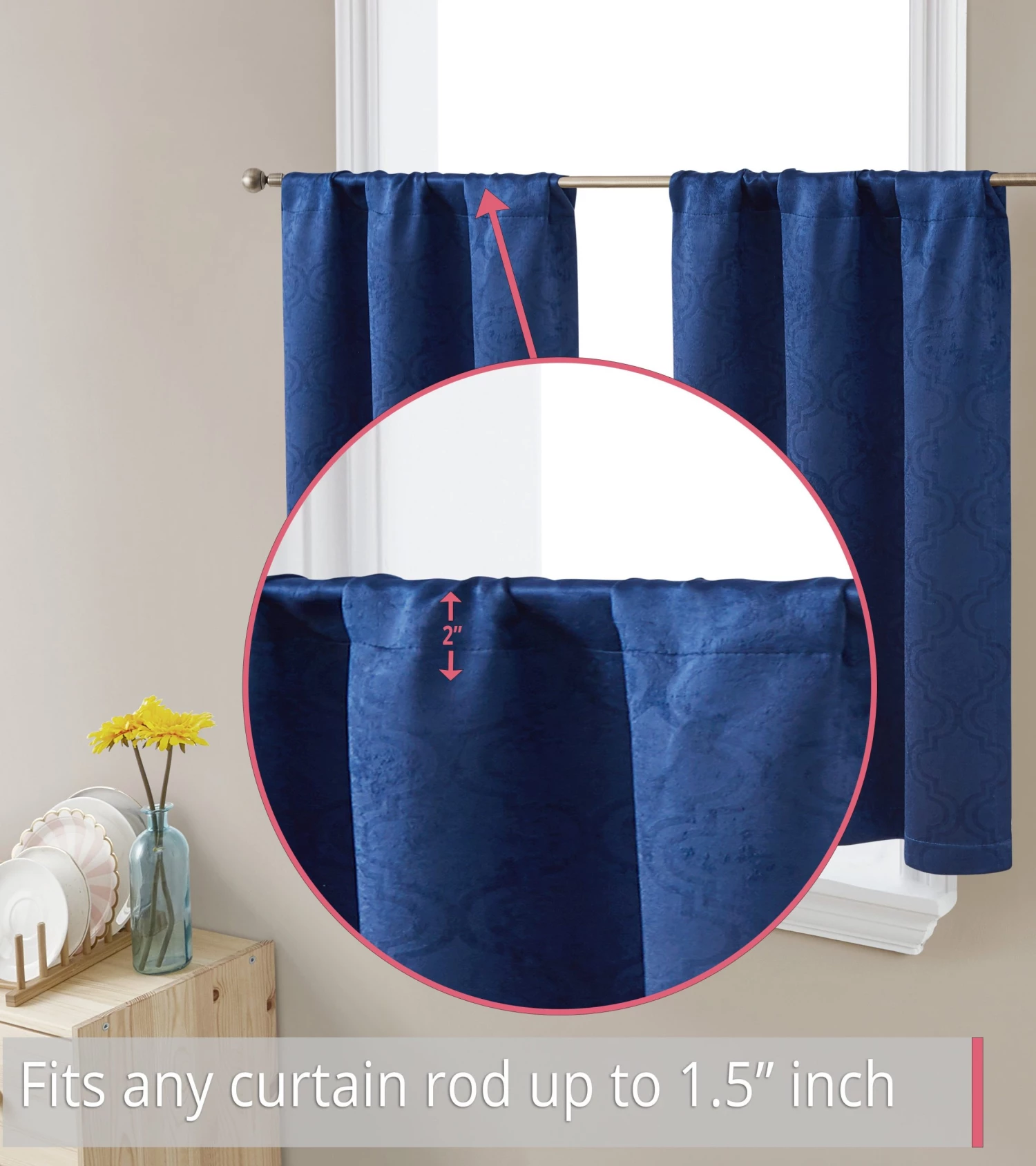 HLC.ME Faux Linen Curtains Redmont Lattice Back Tab Rod Pocket Tiers - Navy Blue - Set Of 2 5 HLC.ME Faux Linen Curtains Redmont Lattice Back Tab Rod Pocket Tiers - Navy Blue - Set Of 2