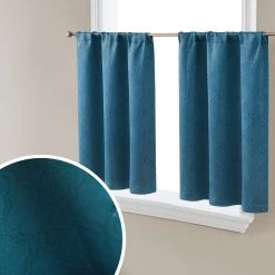 HLC.ME Redmont Lattice Back Tab Rod Pocket Tiers - Teal Blue - Set Of 2 Faux Linen Curtains