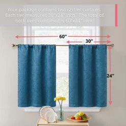 HLC.ME Redmont Lattice Back Tab Rod Pocket Tiers - Teal Blue - Set Of 2 Faux Linen Curtains