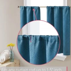 HLC.ME Redmont Lattice Back Tab Rod Pocket Tiers - Teal Blue - Set Of 2 Faux Linen Curtains