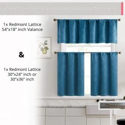HLC.ME Redmont Lattice Back Tab Rod Pocket Tiers - Teal Blue - Set Of 2 Faux Linen Curtains