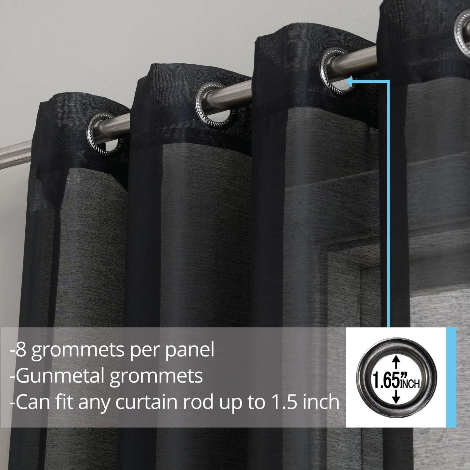 Sheer Curtains HLC.ME Sheer Grommet Curtain Panels - Black - Set Of 2 4 Sheer Curtains HLC.ME Sheer Grommet Curtain Panels - Black - Set Of 2