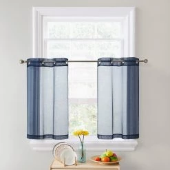 HLC.ME Lucento Sheer Grommet Cafe Tier Panels (Navy Blue) - Set Of 2 Faux Linen Curtains